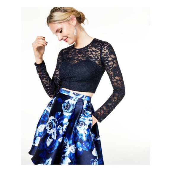 Navy Blue 2 piece Lacy Floral Formal Prom Dress Size 11 - Picture 1 of 10